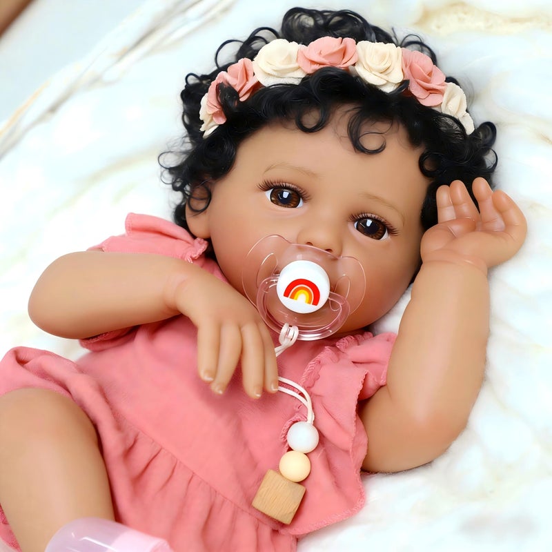 SCOM 18 Inch Reborn Baby Doll Black Girl - Realistic African American Girl, Real Lifelike Dolls with Soft Weighted Body, Poseable Real Baby Reborn Gift Toy for 3+ Years Old Kids - Image 4