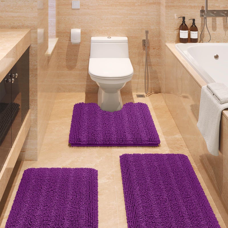 ACCUMTEK Striped Purple Bathroom Rug Set 3 Pieces Ultra Soft Non Slip Chenille Toilet Mat Absorbent Plush Shaggy Bath Mats for Bathroom Bedroom Kitchen