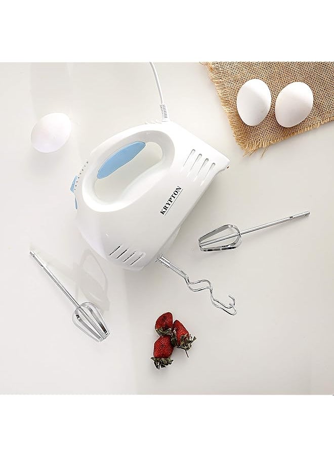 KRYPTON - Hand Mixer Knhb6043 With 7 Speed Levels Includes Whisk And Hook Attachment Perfect For Beating Eggs Cream Batters Kneading Dough Etc. Blue And White 2 Years - Image 1