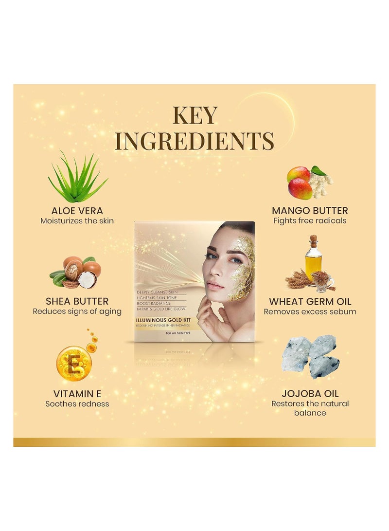 Ozone Illuminous Gold Facial Kit | For All Skin Type | With 6 Easy Step Organic Facial Kit For Natural Golden Glow| For Men & Women | 60 gm (Single Use) - Image 2