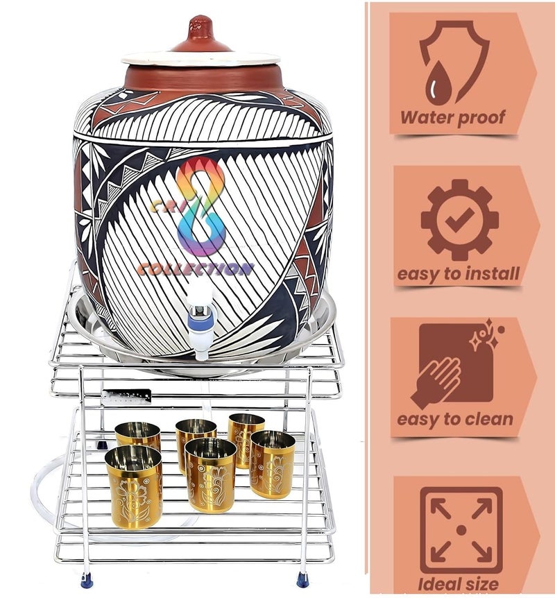 12FOR COLLECTION Heavy Duty Stainless Steel Matka & Plant Stand - Three in One with Glass Stand & 4 Heavy Legs (8 inch) - Image 2