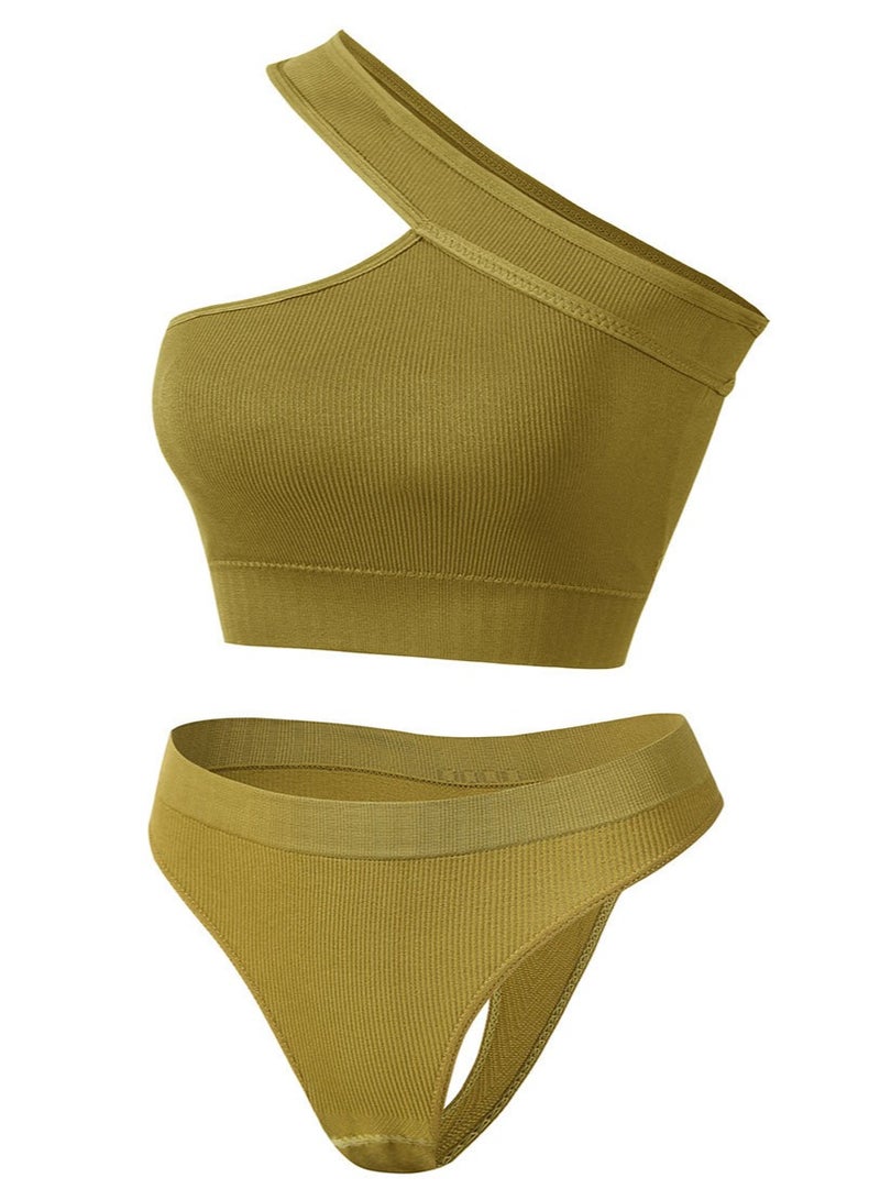 Loquat Women's Solid Color Sport Fitness Lingerie Set 2-piece Seamless Wireless Slanted Shoulders Vest+Low Waist Briefs Sport Suit Lemon Yellow 