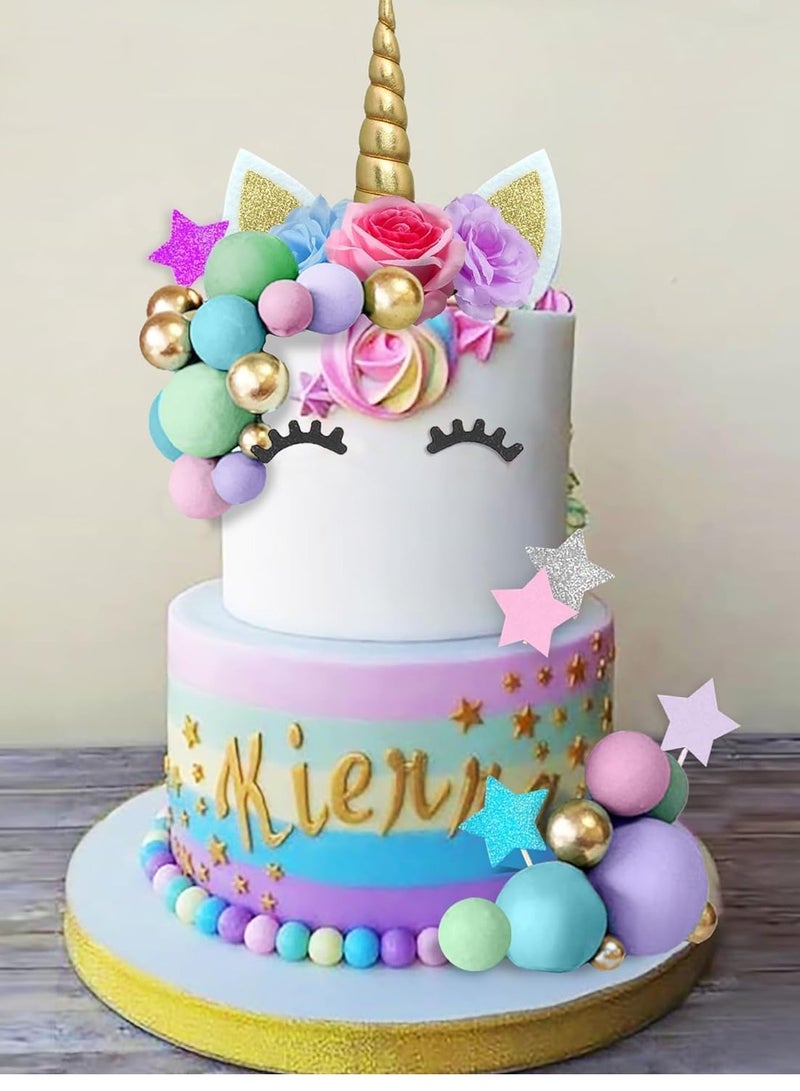 سيلكفكس 38 جهاز كمبيوتر شخصي كيك يونيكورن توبر ، ديكورات كيك زهرة يونيكورن مع الزهور الكرات نجوم يونيكورن ديكورات كيك عيد ميلاد سعيد للفتيان والبنات حفلة عيد ميلاد الأطفال لوازم دش الطفل - Image 1