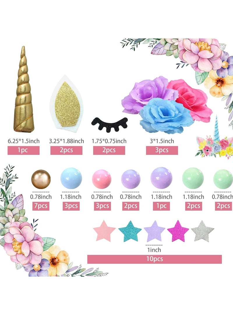 سيلكفكس 38 جهاز كمبيوتر شخصي كيك يونيكورن توبر ، ديكورات كيك زهرة يونيكورن مع الزهور الكرات نجوم يونيكورن ديكورات كيك عيد ميلاد سعيد للفتيان والبنات حفلة عيد ميلاد الأطفال لوازم دش الطفل - Image 4