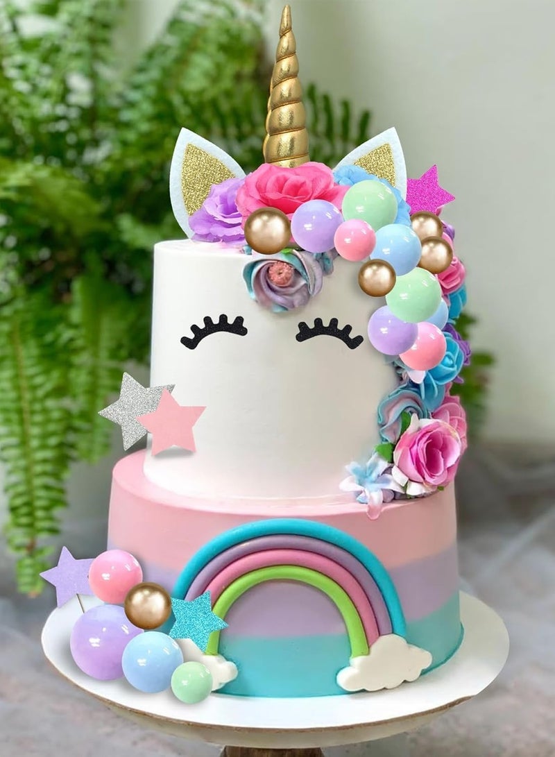 سيلكفكس 38 جهاز كمبيوتر شخصي كيك يونيكورن توبر ، ديكورات كيك زهرة يونيكورن مع الزهور الكرات نجوم يونيكورن ديكورات كيك عيد ميلاد سعيد للفتيان والبنات حفلة عيد ميلاد الأطفال لوازم دش الطفل - Image 5