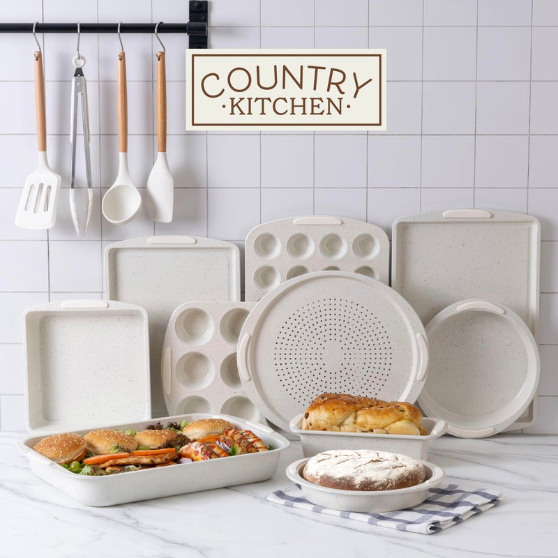 Country Kitchen Nonstick Stackable Bakeware Set - Durable, Easy Release Baking Set, Cream, 14 Pcs - Image 3