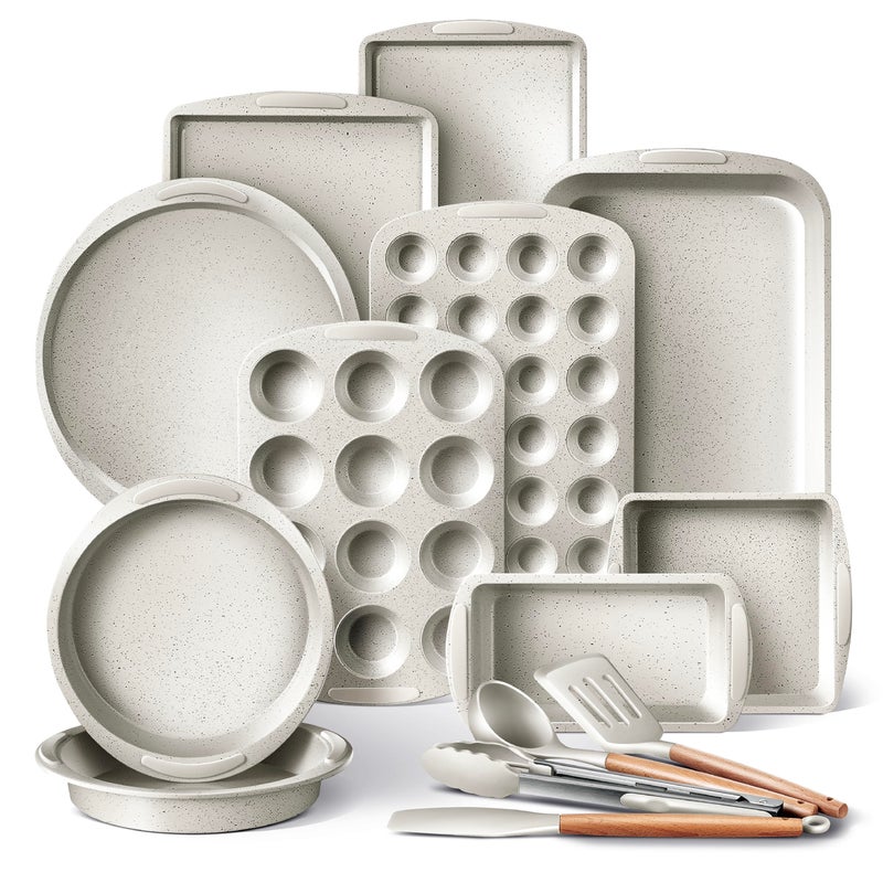 Country Kitchen Nonstick Stackable Bakeware Set - Durable, Easy Release Baking Set, Cream, 14 Pcs - Image 1