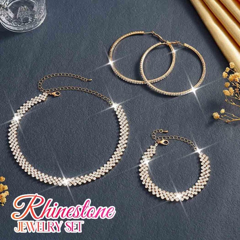 Unicra Gold Jewelry Sets Rhinestone Necklace Hoop Earrings Bracelet Set Prom Formal Sparkly Costume Jewelry Sets for Women (Gold) - Image 5