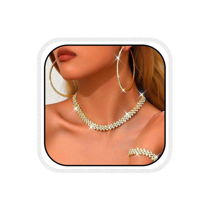 Unicra Gold Jewelry Sets Rhinestone Necklace Hoop Earrings Bracelet Set Prom Formal Sparkly Costume Jewelry Sets for Women (Gold) - Image 1