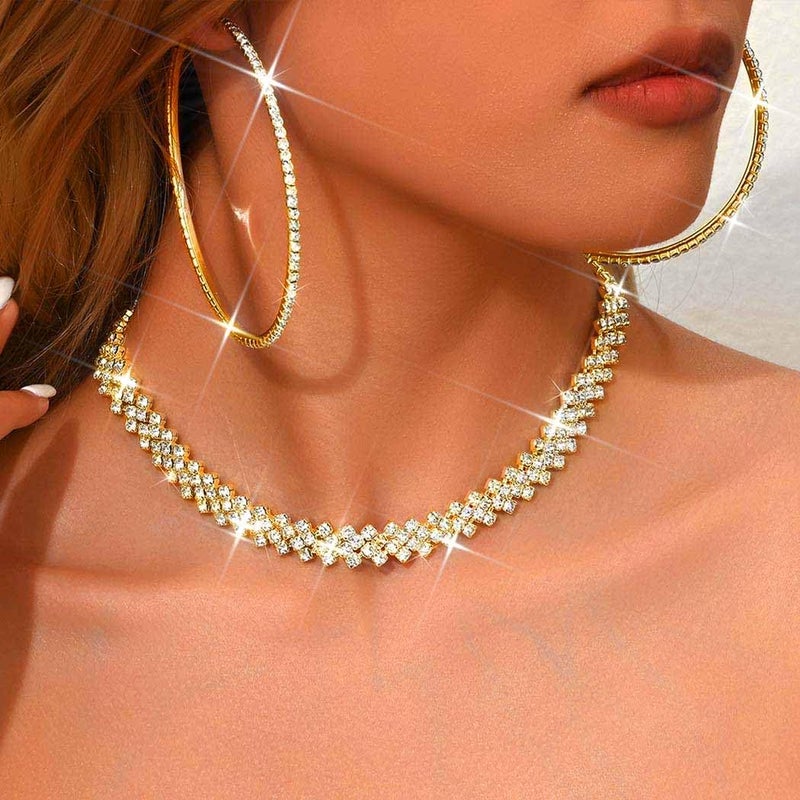 Unicra Gold Jewelry Sets Rhinestone Necklace Hoop Earrings Bracelet Set Prom Formal Sparkly Costume Jewelry Sets for Women (Gold) - Image 3