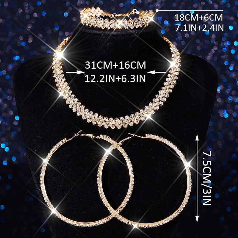 Unicra Gold Jewelry Sets Rhinestone Necklace Hoop Earrings Bracelet Set Prom Formal Sparkly Costume Jewelry Sets for Women (Gold) - Image 2