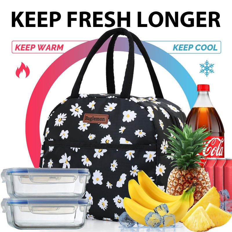 Baglemon Insulated Lunch Bag for Women Men, Lunch Containers Reusable High Capacity Lunch Tote Bags for Work Picnic (Blackdaisy) - Image 4