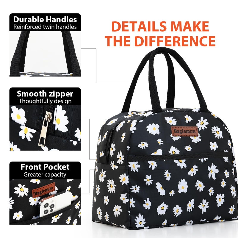 Baglemon Insulated Lunch Bag for Women Men, Lunch Containers Reusable High Capacity Lunch Tote Bags for Work Picnic (Blackdaisy) - Image 2