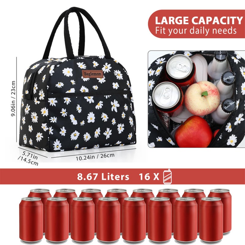 Baglemon Insulated Lunch Bag for Women Men, Lunch Containers Reusable High Capacity Lunch Tote Bags for Work Picnic (Blackdaisy) - Image 3