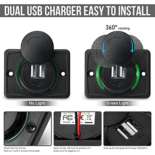 OPL5 12V RV USB Charger, Quick Charger 3.0 Wall Mount USB Charging Station with Green Indicator Light and Cap for Car Camper Boat Marine SUV ATV (Black A74) - Image 4