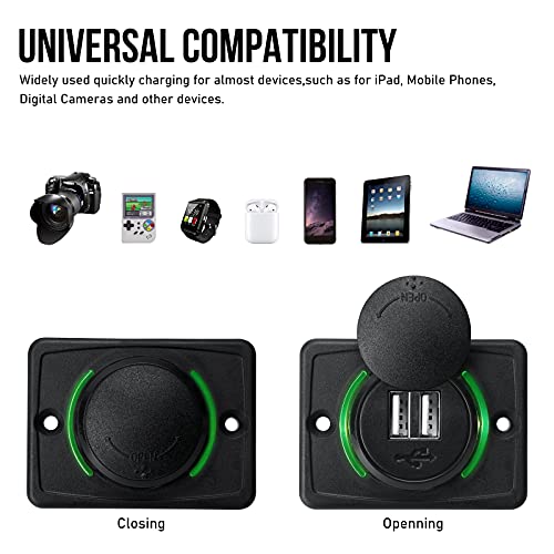 OPL5 12V RV USB Charger, Quick Charger 3.0 Wall Mount USB Charging Station with Green Indicator Light and Cap for Car Camper Boat Marine SUV ATV (Black A74) - Image 3