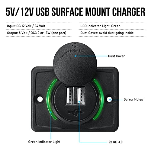 OPL5 12V RV USB Charger, Quick Charger 3.0 Wall Mount USB Charging Station with Green Indicator Light and Cap for Car Camper Boat Marine SUV ATV (Black A74) - Image 5