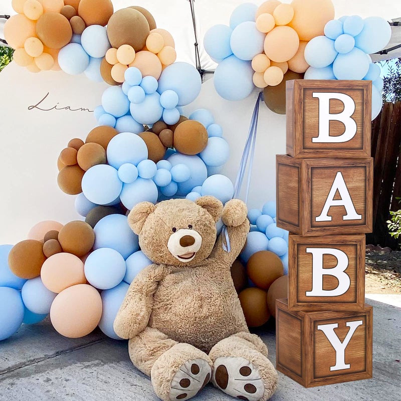 FengRise Baby Shower Boxes for Birthday Decorations â€“ 4 Wood Grain Brown BABY Balloon Boxes, Baby Boxes for First Birthday Centerpiece Decor, Teddy Bear Baby Shower Supplies, Gender Reveal Backdrop - Image 3