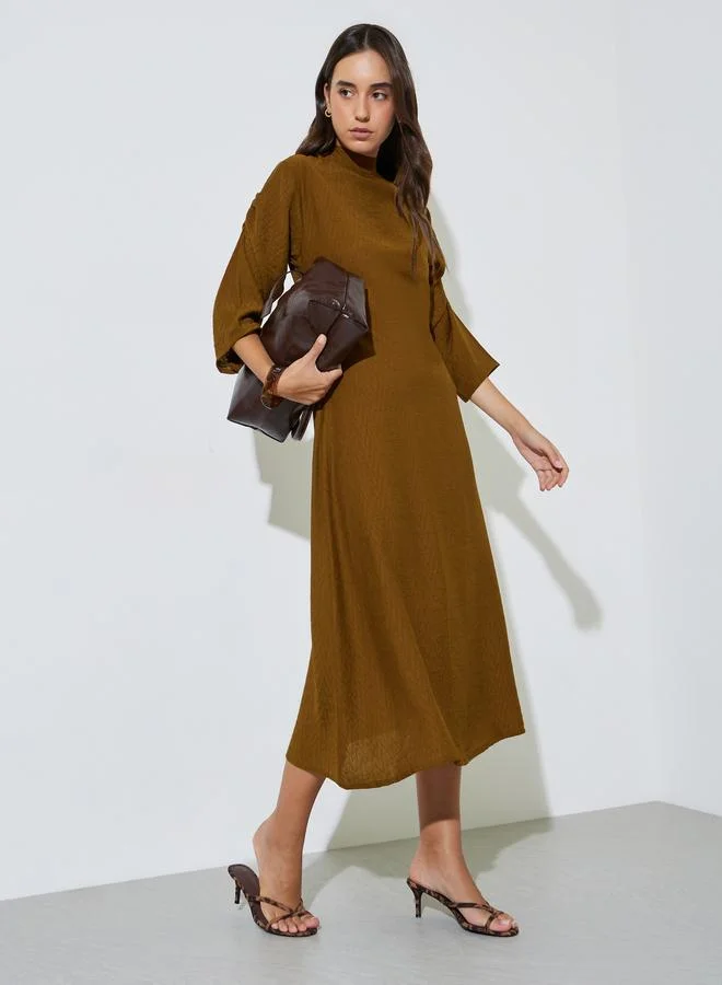 Maxim Creation  Bronze Textured A-Line Midi Dress with Long Sleeves for Women | Best Price UAE