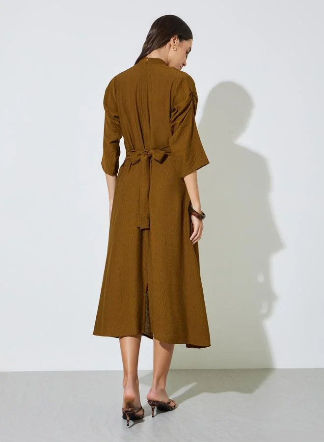 Maxim Creation  Bronze Textured A-Line Midi Dress with Long Sleeves for Women | Best Price UAE