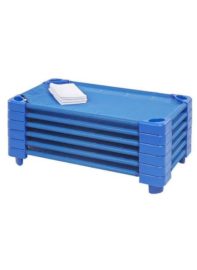 ECR4Kids Stackable Kiddie Cot with Sheet, Ready-to-Assemble, Toddler Size, Classroom Furniture, Blue, 6-Pack  - Image 1