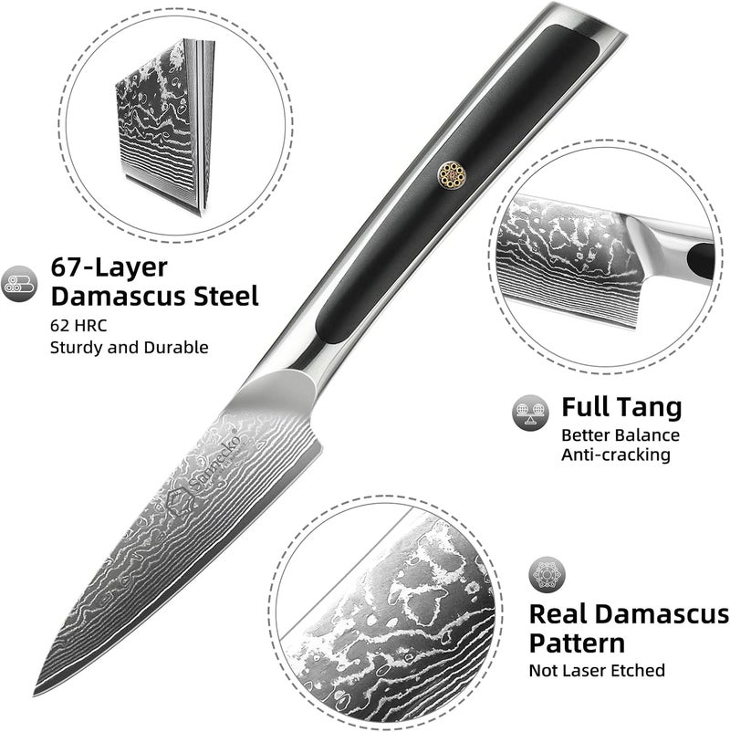 Sunnecko Paring Knife 3.5 Inch, Fruit Knife with 67-layers Damascus Steel VG-10 Blade Small Knife, Peeling Knife with Inlaid Handle Small Kitchen Knife Perfect for Cutting Fruit Vegetables Petty Knife - Image 2