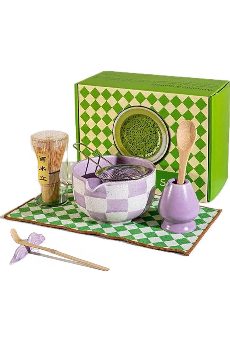 Aikanbo 8pcs Traditional Matcha Tea Ceremony Set，green Ceramic Bowl with Bamboo Whisk， Holder and Strainer Elegant Matcha Set for Gifting and Personal Use，Gift Box Packaging（Purple Grid） - Image 1
