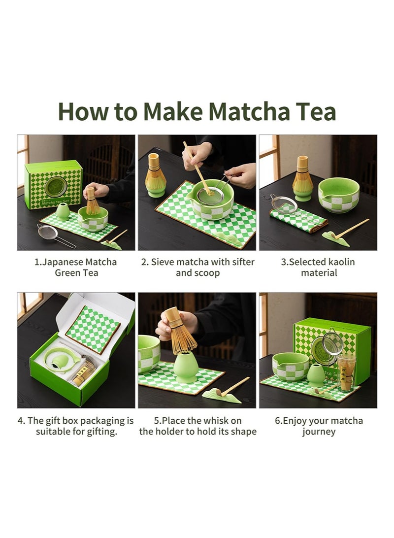 Aikanbo 8pcs Traditional Matcha Tea Ceremony Set，green Ceramic Bowl with Bamboo Whisk， Holder and Strainer Elegant Matcha Set for Gifting and Personal Use，Gift Box Packaging（Purple Grid） - Image 2