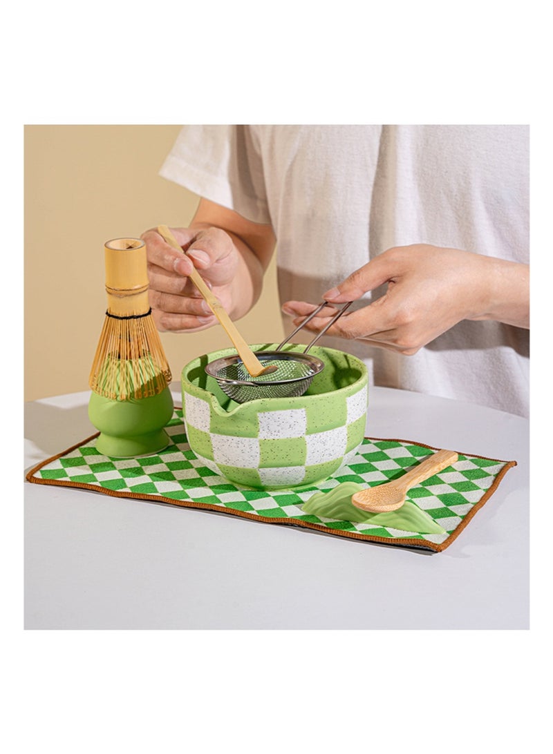 Aikanbo 8pcs Traditional Matcha Tea Ceremony Set，green Ceramic Bowl with Bamboo Whisk， Holder and Strainer Elegant Matcha Set for Gifting and Personal Use，Gift Box Packaging（Purple Grid） - Image 5