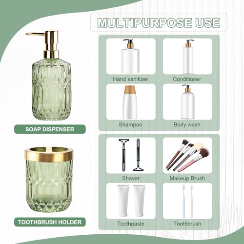 RRM Glass Bathroom Accessories Set, 2PCS Clear Glass Bathroom Accessory, Toothbrush Holder and Soap Dispenser Set for Modern Bathroom Decor(Green) - Image 3