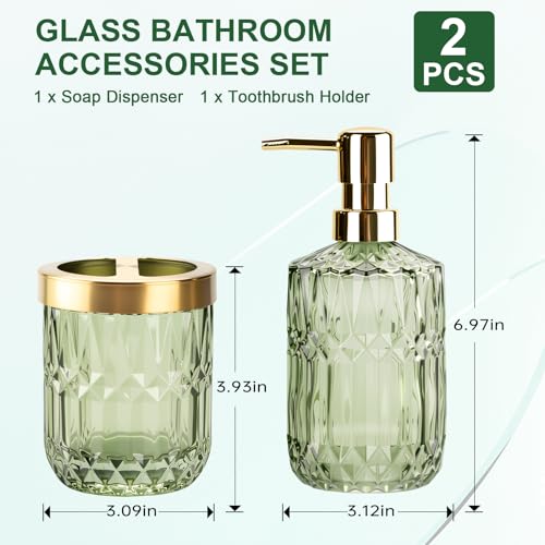 RRM Glass Bathroom Accessories Set, 2PCS Clear Glass Bathroom Accessory, Toothbrush Holder and Soap Dispenser Set for Modern Bathroom Decor(Green) - Image 4
