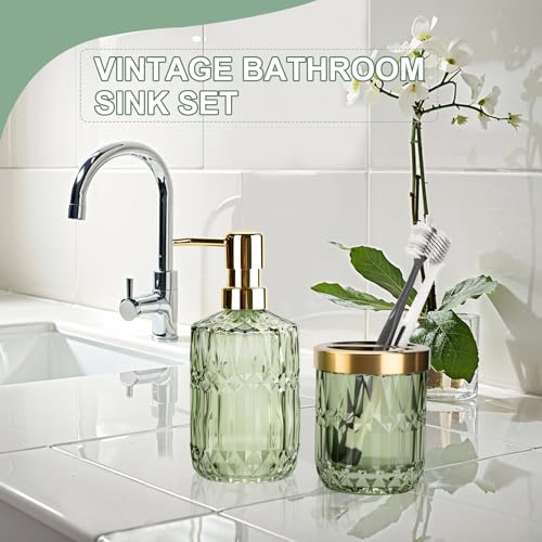 RRM Glass Bathroom Accessories Set, 2PCS Clear Glass Bathroom Accessory, Toothbrush Holder and Soap Dispenser Set for Modern Bathroom Decor(Green) - Image 2