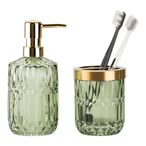 RRM Glass Bathroom Accessories Set, 2PCS Clear Glass Bathroom Accessory, Toothbrush Holder and Soap Dispenser Set for Modern Bathroom Decor(Green) - Image 1