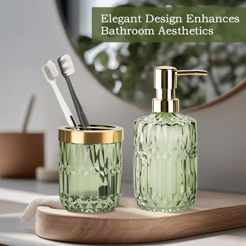 RRM Glass Bathroom Accessories Set, 2PCS Clear Glass Bathroom Accessory, Toothbrush Holder and Soap Dispenser Set for Modern Bathroom Decor(Green) - Image 5
