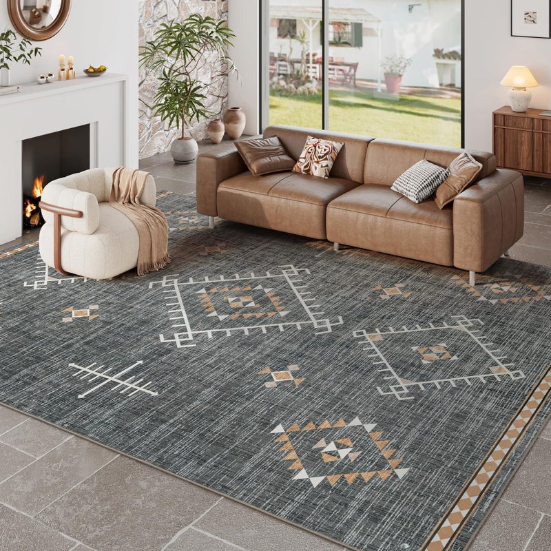 ILANGO Area Rug 8'x10' for Living Room Bedroom Washable Moroccan Boho Rugs for High Traffic Area Non Slip & Non-Shedding Rugs Fade Resistant Carpet for Kitchen Office (Dark Grey) - Image 1