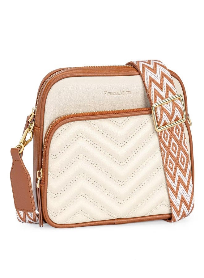 Peacocktion Crossbody Bags for Women Travel Quilted Vegan Leather Small Cross Body Purses Shoulder Handbags with Wide Strap White - Image 1