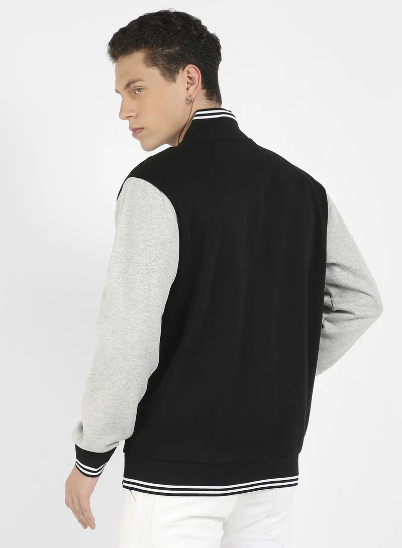 Campus Sutra Men's Black & Grey Zip-Front Jacket With Open-Angled Pocket