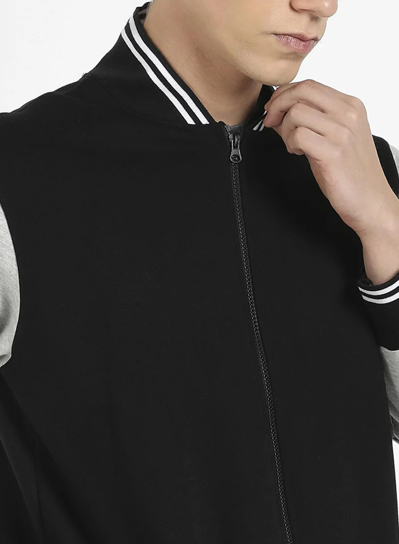 Campus Sutra Men's Black & Grey Zip-Front Jacket With Open-Angled Pocket