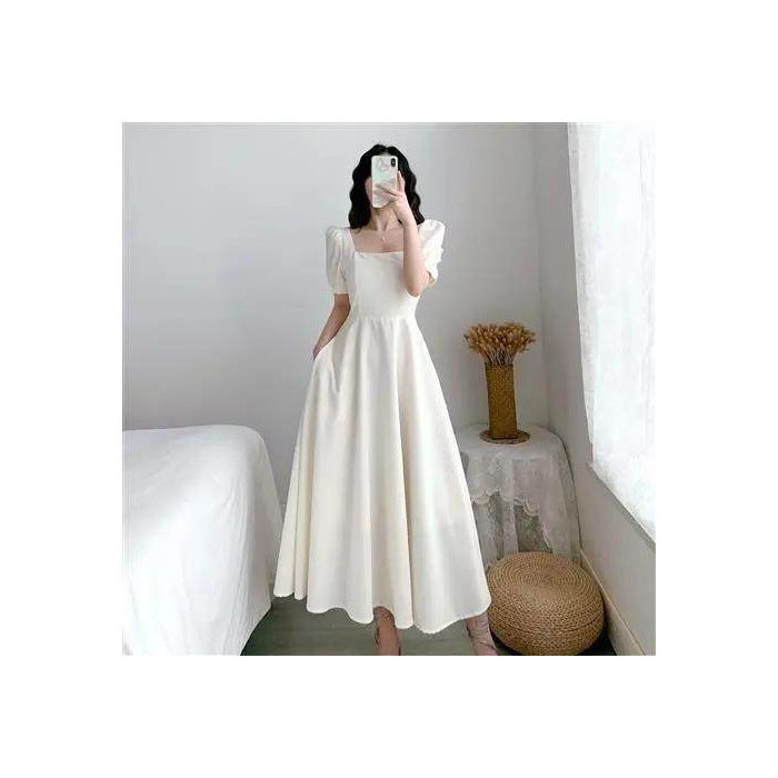 2024 Gentle Style French Style Retro Hepburn Style Long Dress Thin Elegant Womens Summer dress Waist Collar Puff Sleeve White