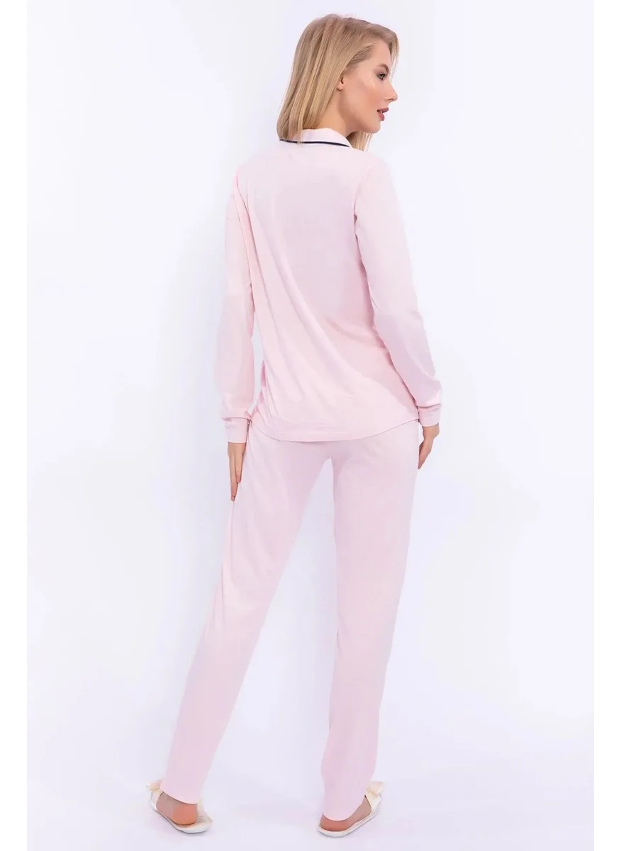 pierre cardin 7717 Women's Modal Long Sleeve Front Buttoned Pajama Set - Pink