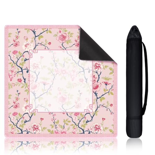 Sonwyoung 22 Inch Mini Chinoiserie Mahjong Mat for Travel Set White Floral Mahjong Mat Cute Small Domino Accessories Gifts Domino and Tile Game TablePink and Green - Image 1