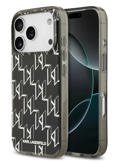 كارل لاغرفيلد جراب Lagerfeld MagSafe IML لهاتف iPhone 17 Pro Maxبتصميم مطلي بالكهرباء من كارل بتكرار الأحرف الأولى / حماية من السقوط / سهل التركيب / تصميم رفيع / خفيف الوزن / غطاء خلفي - اسود