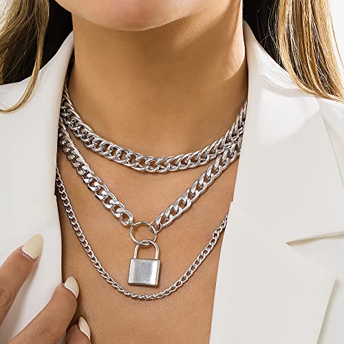 Jumwrit Chunky Chain Necklace Punk Layered Choker Necklaces Cuban Link Chain Necklace with Lock Pendant Necklace Statement Necklace for Women（Silver） - Image 2