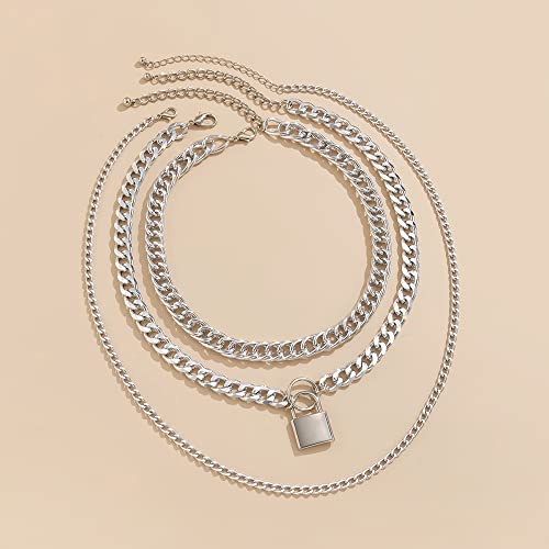 Jumwrit Chunky Chain Necklace Punk Layered Choker Necklaces Cuban Link Chain Necklace with Lock Pendant Necklace Statement Necklace for Women（Silver） - Image 4