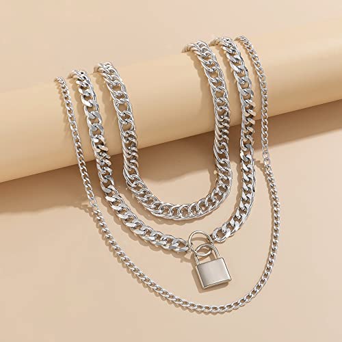 Jumwrit Chunky Chain Necklace Punk Layered Choker Necklaces Cuban Link Chain Necklace with Lock Pendant Necklace Statement Necklace for Women（Silver） - Image 5