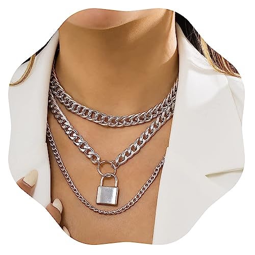Jumwrit Chunky Chain Necklace Punk Layered Choker Necklaces Cuban Link Chain Necklace with Lock Pendant Necklace Statement Necklace for Women（Silver） - Image 1