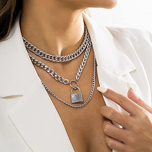 Jumwrit Chunky Chain Necklace Punk Layered Choker Necklaces Cuban Link Chain Necklace with Lock Pendant Necklace Statement Necklace for Women（Silver） - Image 3