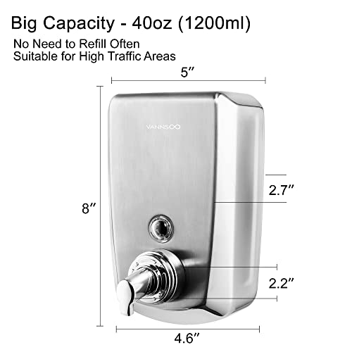 VANNSOO Commercial Wall Mount Stainless Steel Foam Soap Dispenser, 40 oz (1200ml) Industrial Refillable Foaming Hand Sanitizer Dispensers for Bathroom and Kitchen Brushed - Image 3