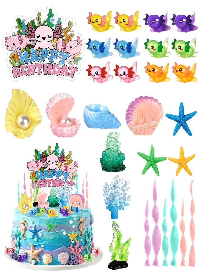 Glavatrix Axolotl Cake Topper Set – 31 Pcs Ocean Theme Birthday Decorations with Starfish, Shells & Seaweed, Axolotl Party Supplies for Baby Shower & Happy Birthday Cake Decor - Image 1
