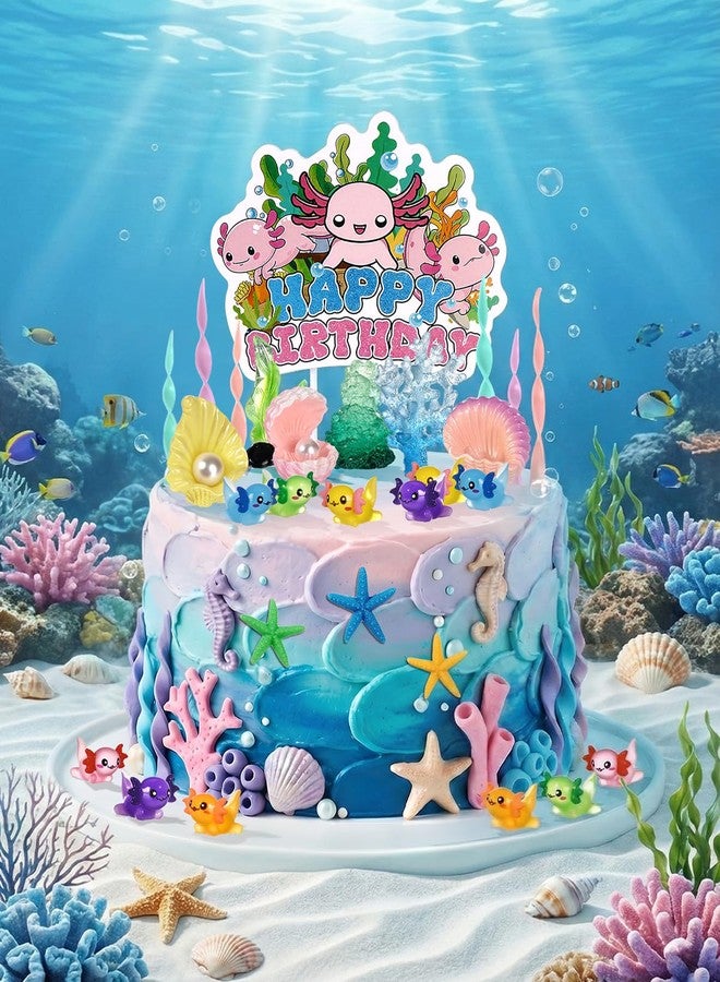 Glavatrix Axolotl Cake Topper Set – 31 Pcs Ocean Theme Birthday Decorations with Starfish, Shells & Seaweed, Axolotl Party Supplies for Baby Shower & Happy Birthday Cake Decor - Image 3